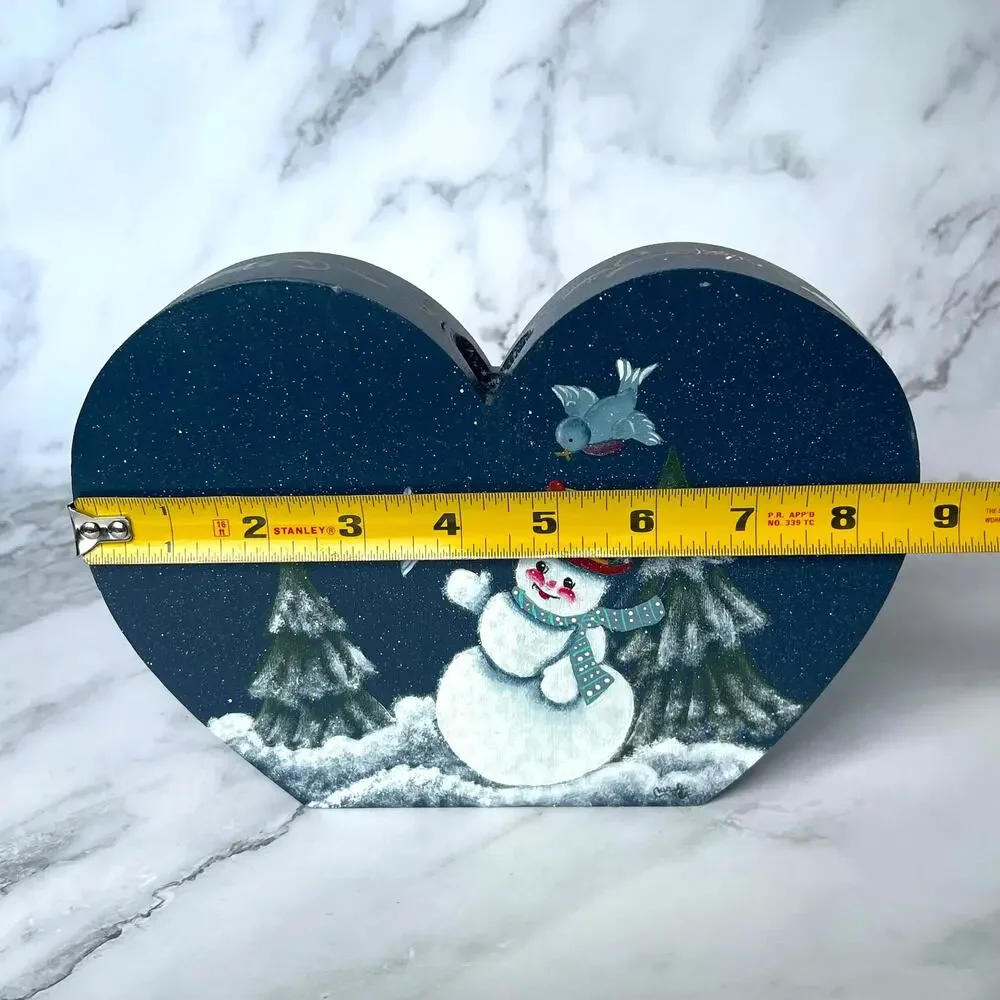 Vintage 1984 Hand Painted Wood Heart Snowman Taper Candle Holder Folk Art